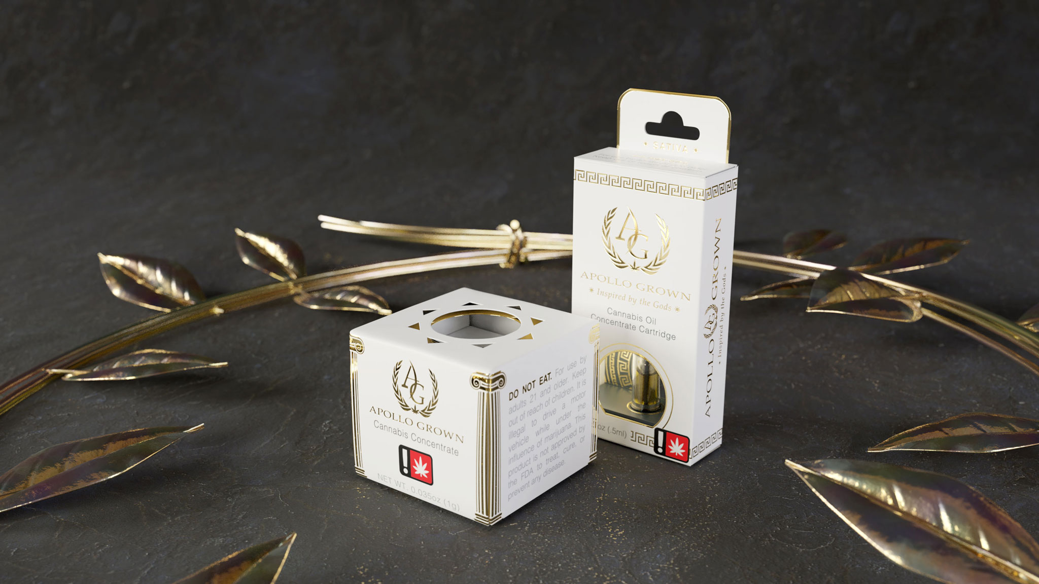 White & gold cannabis concentrate packaging designed for Apollo Grown