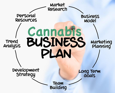 An image by KindTyme illustrating the steps in a cannabis business plan deploying effective marijuana marketing